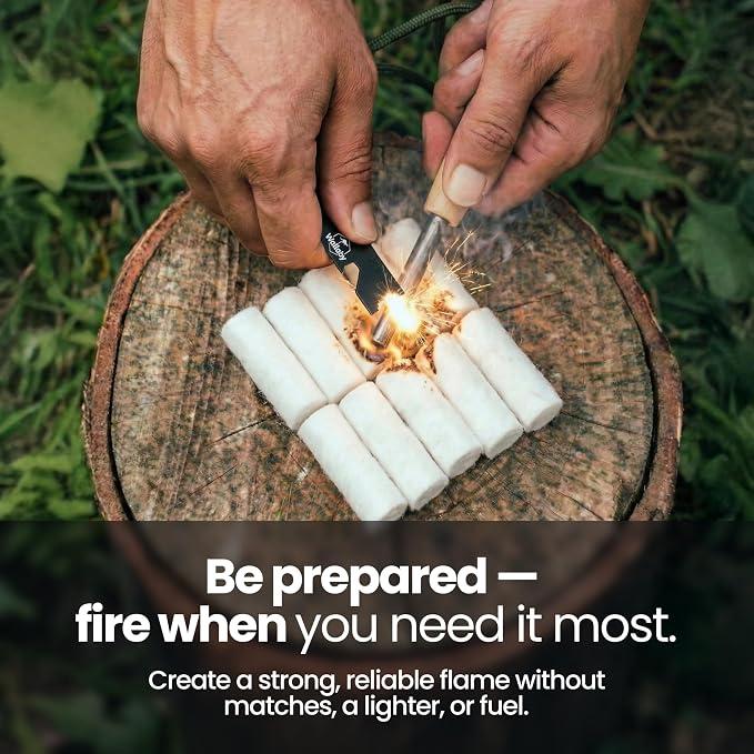 Wallaby Fire Starter Kit - 33 Waterproof Plugs in Metal Tin + Flint Rod Striker Multi-Tool, Pocket Survival Guide, Airtight Mylar Storage Bag – Camping, Emergency, Grill, Fire Pit