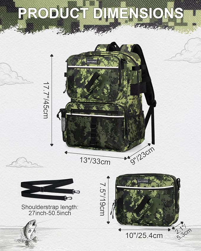 Fishing Backpack with Removable Bait Binder, Large Water Resistant Tackle Bag Storage Gear and Equipment for Fishing, Camping, Hiking, Green