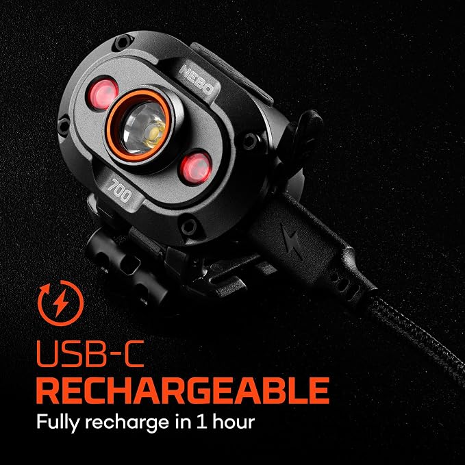 NEBO MYCRO 700 Headlamp | 700 Lumen, 6 Light Modes, White Red & Green Light, USB-C Rechargeable, IPX4 Water Resistant, Adjustable Strap, Cap Light Convertible, Ideal for Camping & Hiking