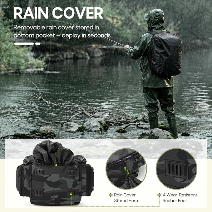 RAINSMORE Fishing Backpack, 45L Large Fishing Bag with 4 Rod Holders & Insulated Cooler Professional Fishing Tackle Backpack with Rain Cover Waterproof Tackle Bag for Men Gift, Grey Camouflage