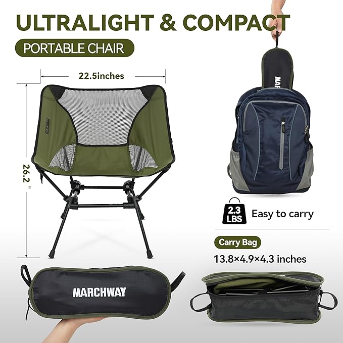 MARCHWAY Ultralight Folding Camping Chair, Heavy Duty Portable Compact for Outdoor Camp, Travel, Beach, Picnic, Festival, Hiking, Lightweight Backpacking (Green)