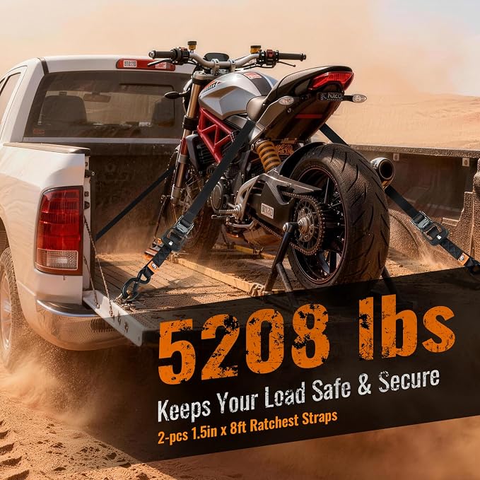 2 Pack Ratchet Straps,Heavy Duty Powersports Tie Downs Load Straps,5208lbs Break Strength 1.5in x 8ft with Safety S Hooks and Soft Loops for Motorcycle Truck Cargo Roof Rack,Break Strength, Black