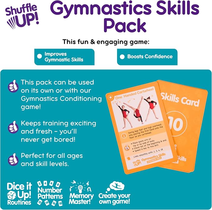 Shuffle Up Gymnastics Games Skills Pack 22 Skills Cards Gymnastics Equipment for Kids at Home Gymnastic Gifts for Girls, Fitness and Tumbling Accessories, Cheerleader, Outdoor Family Games Ages 8-12