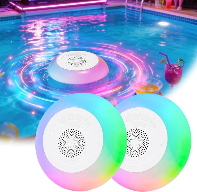 Floating Pool Speaker with Colorful Lights, IP68 Waterproof, Wireless Bluetooth, Built-in Mic, Surround Sound, for Outdoor Use and Hot Tubs (2pcs White)