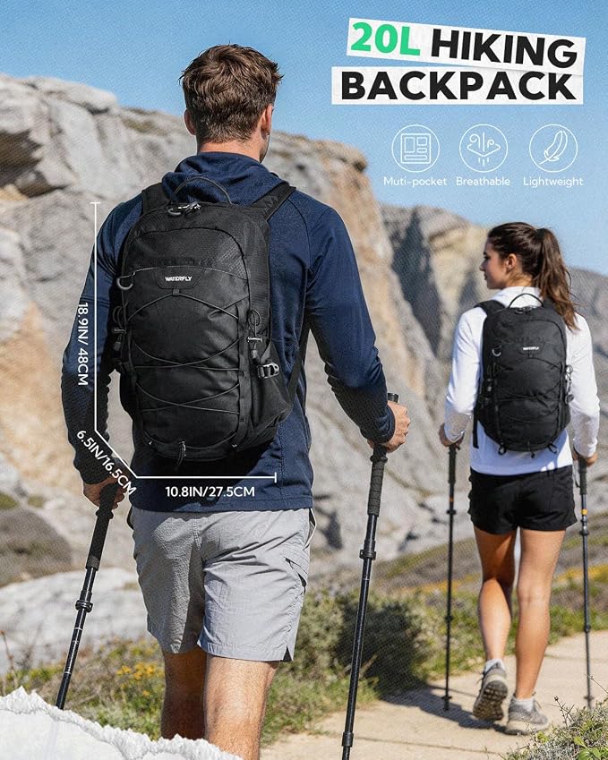 WATERFLY Small Lightweight Hiking Backpack: 20L Daypack for Women Men, Multi-Pocket, Breathable Back Panel with Chest Waist Strap, Outdoor Bag Pack for Travel Trekking Camping