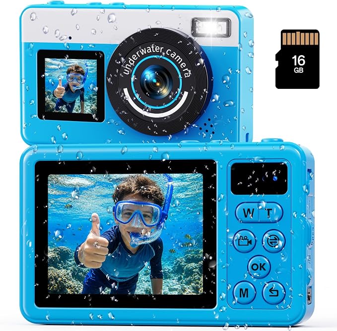 Maxmango D70 Underwater Camera, 10FT Waterproof Digital Camera for Pool & Beach, 4K 48MP Teens Underwater Cam with Dual Screens, Autofocus, 18X Zoom, Floating Camera for Boys Girls Blue(16GB)