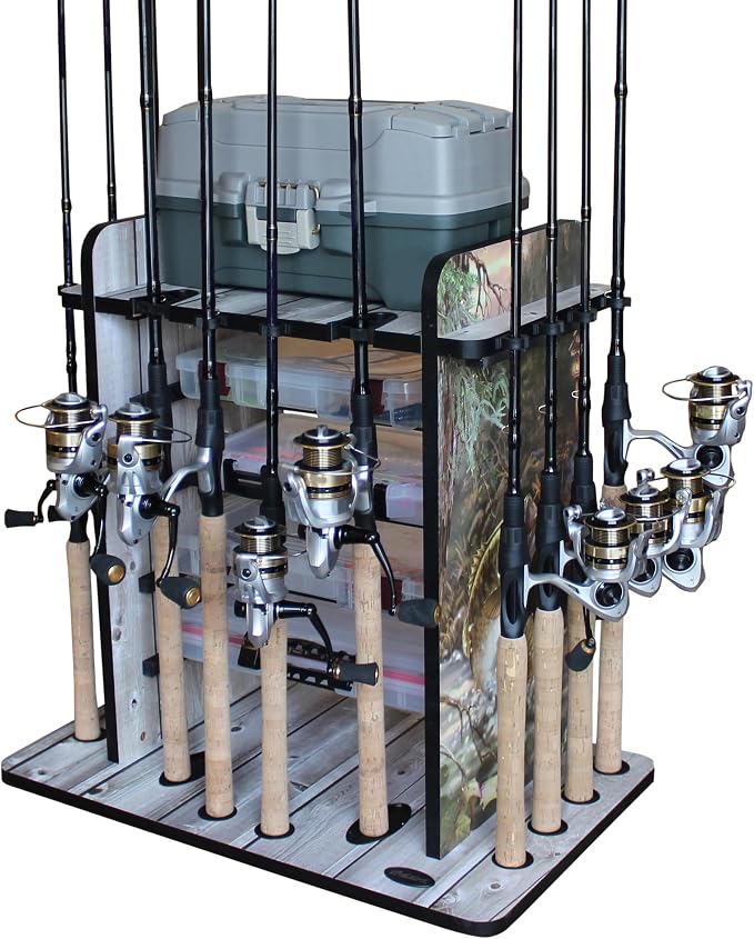 Rush Creek Creations Fishing Rod Holder for 14 Saltwater/Freshwater Rods, Fishing Pole Holder w/ up to 4 Fishing Gear Tackle Box Storage for Garage Organization/Boat Storage for Fishing Accessories | Fishing Pole Holder