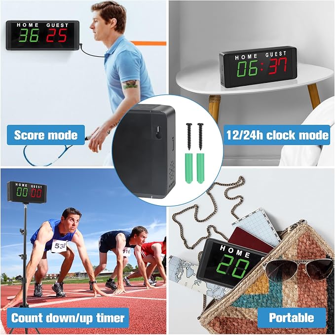 Samshow LED Electronic Scoreboard Digital Score Keeper with Remote & Tripod, Basketball Scoreboard with Shot Clock & Timer & 12/24h Real Time for Football/Corn Hole/ping Pong/Table Tennis