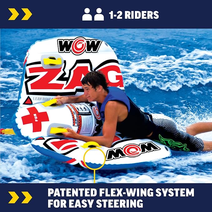 Wow Sports Zig Zag Towable Inflatable Tube for Boating - 1 to 2 Person Towable - Steerable Tubes for Boating