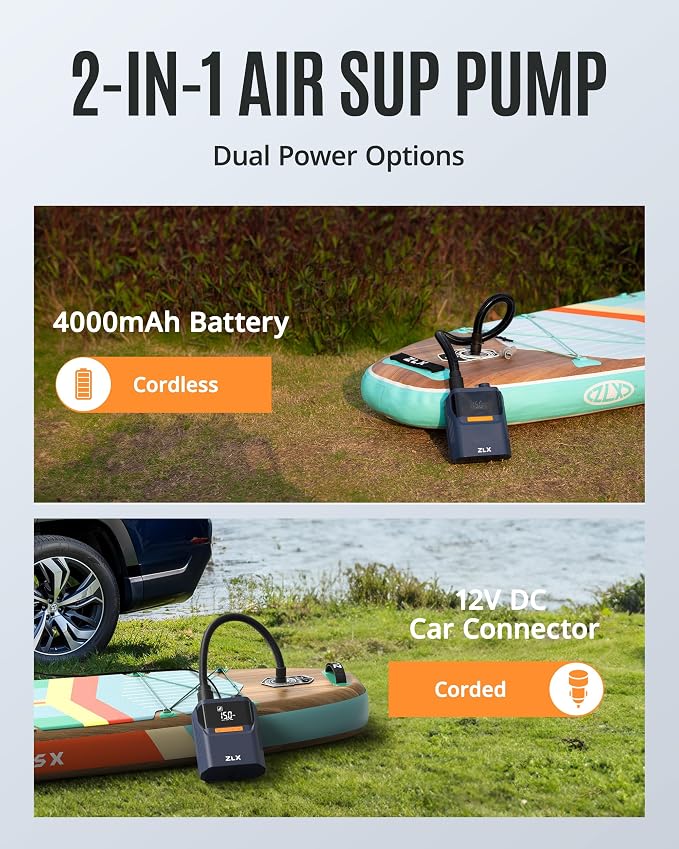ZLX Electric Paddle Board Pump, 50PSI Air SUP Pump with High Pressure Dual Stage, Auto-Off Inflation/Deflation & Rechargeable Paddle Board Accessories for Inflatables, Kayaks, Boats, Air Mattresses