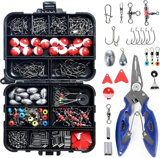 263pcs Fishing Accessories Set with Tackle Box Including Plier Jig Hooks Sinker Weight Swivels Snaps Sinker Slides