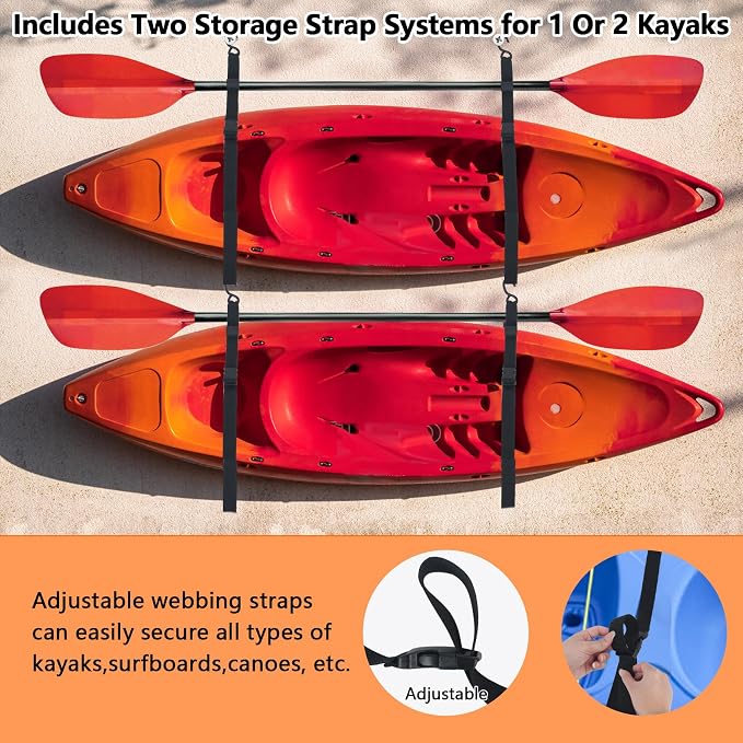 Kayak Storage Strap,Kayak Hanging Straps 1in/1.5in Wide,Adjustable Kayak Wall Mount Straps,Kayak Storage Strap System With Paddle Loops for Hanging 1or 2 Kayak,Paddle Board,Surfboard,Canoe(2/4 Pack)
