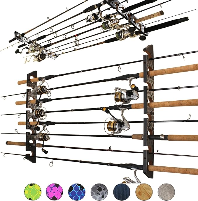 Rush Creek Creations Ceiling Rod Holder for 8 Fishing Poles - Garage Organization and Wall Storage for Reels, Gear, and Accessories - Horizontal Rack