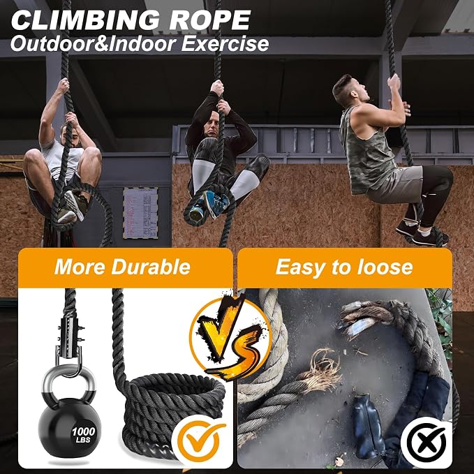 Climbing Rope Gym Workout - 1.5 Inch Dia 10FT 15FT 20FT 25FT 30FT 35FT 40FT 50FT Heavy Duty Work Out Rope Exercise Climbing Ropes for Adults Kids Fitness & Strength Training Outdoor & Indoor - Black