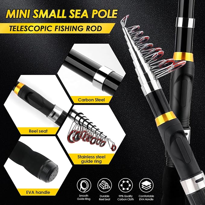2-Pack 6.89FT Collapsible Fishing Pole Reel Combo Compact Fishing Gear | Telescopic Spinning Rod Reel Combo Lures Tackle Box Accessories Lightweight Travel Fishing Tool Set for Fishermen Gift