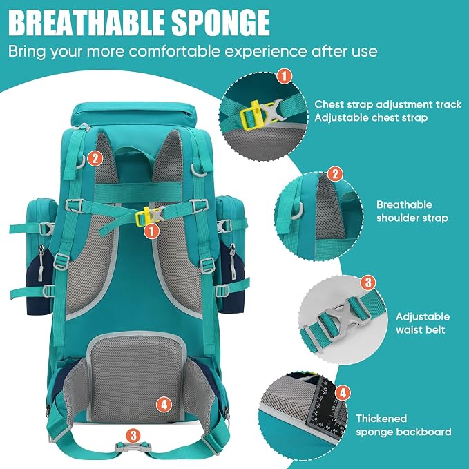Bseash 70L (65+5) Waterproof Hiking Camping Backpack with Rain Cover, Outdoor Sport Travel Daypack for Climbing Touring (Blue Green)
