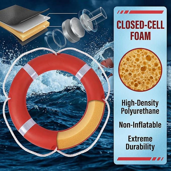 Life Ring Buoy w/ 98.4 FT Floating Rope, Boat & Pool Safety Throw Ring | 23" & 28" Boat Safety, 3.3 lb & 5.5 lb Throwable Flotation Device, HDPE UV-Resistant Boat Safety for Dock & Pool Lake Rescue
