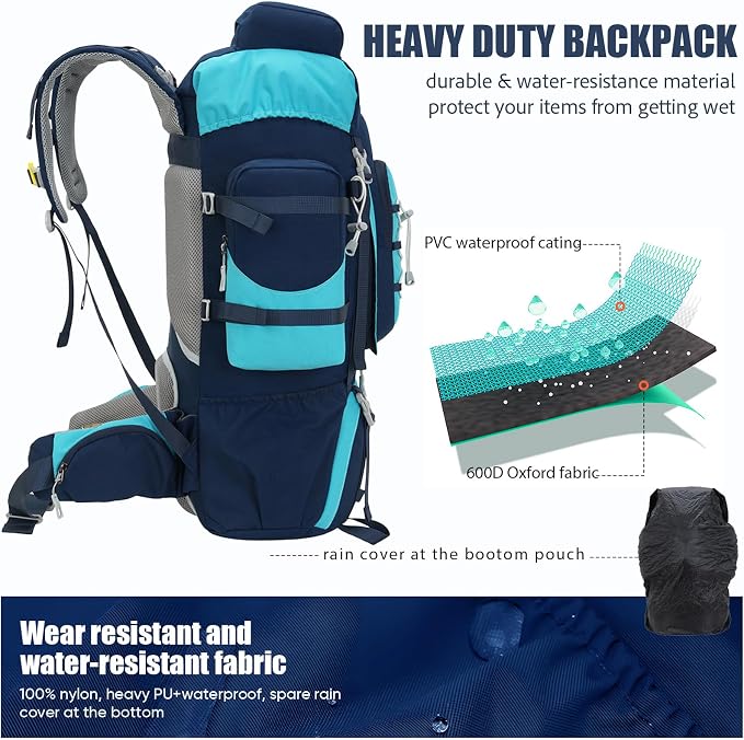 Bseash 70L (65+5) Waterproof Hiking Camping Backpack with Rain Cover, Outdoor Sport Travel Daypack for Climbing Touring (Navy Blue)