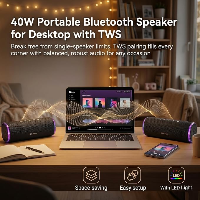 Bass Boosted Bluetooth Bike Speaker, IPX7 Waterproof | 30W RMS (40W Peak) Portable Wireless Outdoor Audio, 25H Playtime, LED Lights, TWS Pairing for Pool, Shower, Gifts (Black)