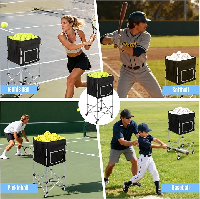 Tennis Ball Cart with Wheels & Brake (180 Capacity) – Heavy Duty Stainless Steel Frame with Detachable Washable Bag – Foldable Travel Hopper for Tennis & Pickleball, Portable Carrier