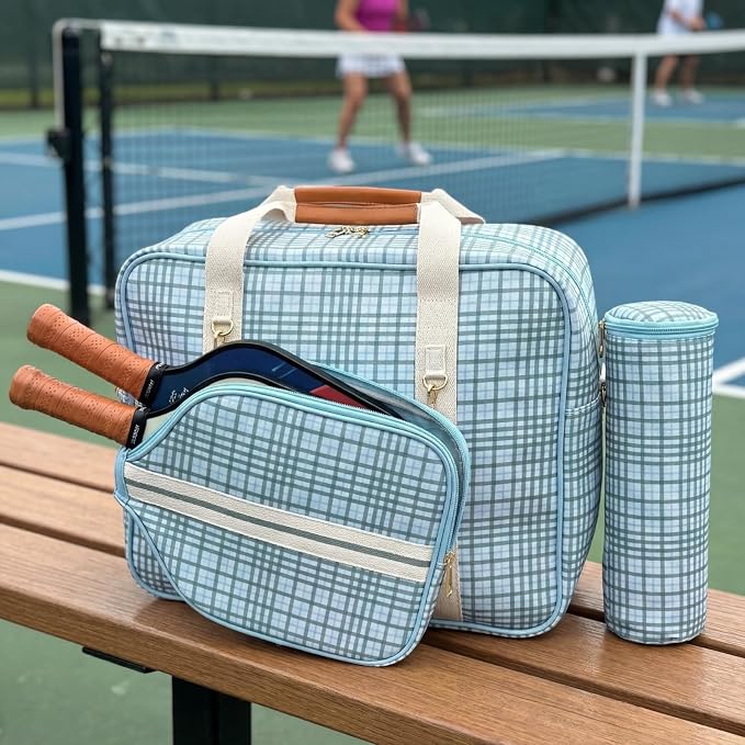 Plaid Paddle Sports Tote Bag with Cover Set, Large Capacity 3-in-1 Bag for Women Men Paddle Compartment and Removable Shoulder Strap Fits Sports Balls and Court Gear
