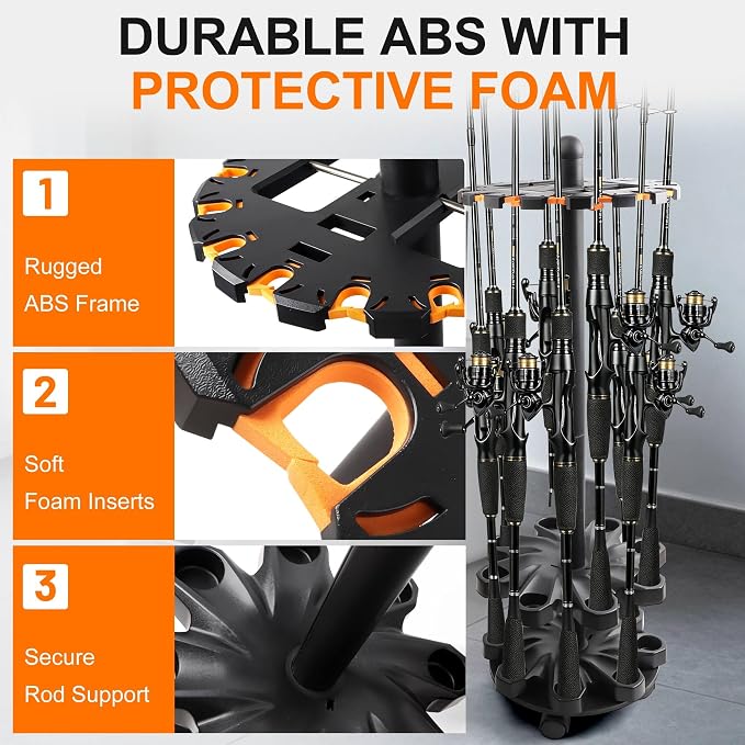 Rotating Fishing Rod Holder & Pole Holders for Garage, 360° Floor Rack Holds Up to 16 Rods/Combos, Fishing Gear & Accessories Storage, Gifts for Men Dad Husband, Garage Organization