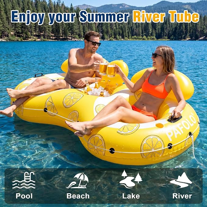 Pool Float Adult,2-Person Large Inflatable River Float, XL River Tubes for Floating Heavy Duty with Mesh Bottom, Comfortable Backrest & 2 Cup Holders & Durable Grab Handles,600 lbs Weight Capacity
