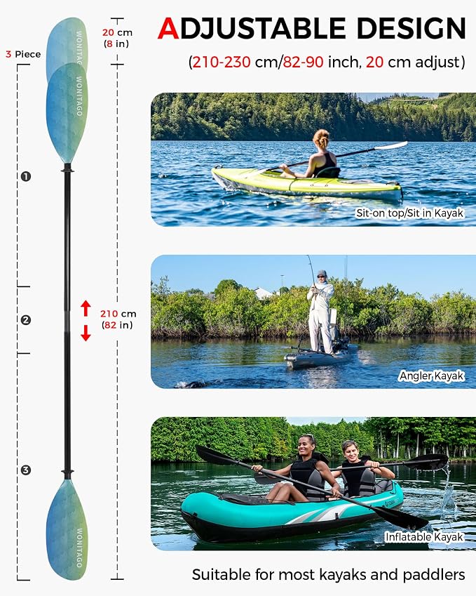 Kayak Paddle with Fiberglass Shaft and Reinforced Nylon Blade, Adjustable Kayaking Oars, 3 Piece, 230-250 cm/90-98 inches, 210-230 cm/82-90 inches