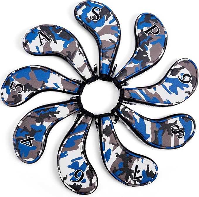 Golf Club Camo Zipper Iron Head Covers 9Pcs/Set With No. on Both Sides PU Leather Headcovers (Blue/Brown)