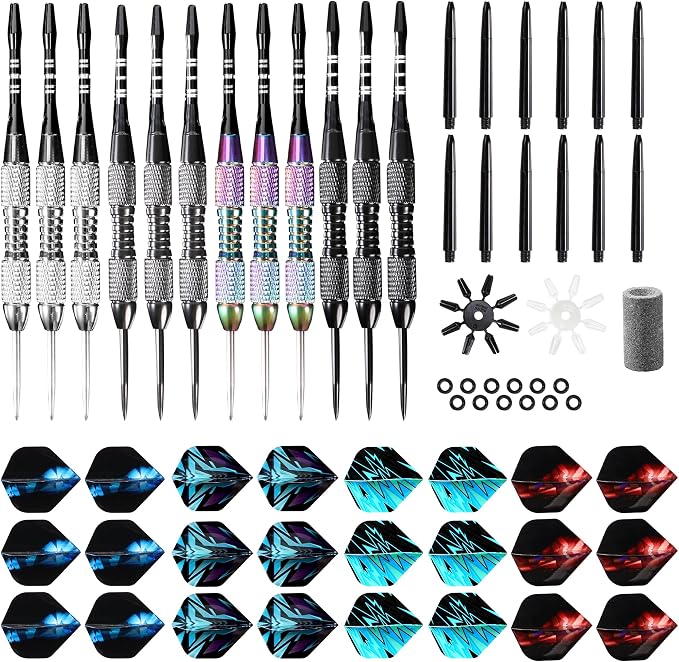 WINSDART Steel Tip Darts 12 Pack Set with Nonslip Iron Barrel Aluminum Dart Shafts and Flights Darts Sharpener an Gift Box