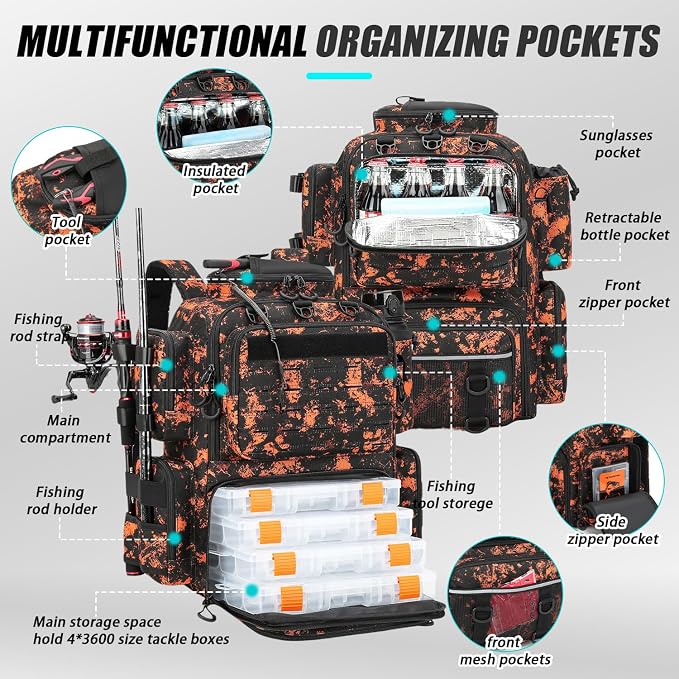 Tactical Fishing Tackle Backpack with Tackle Boxes, Rod Holders & Bottle Holder, 50 L Large Fishing Tackle Box Backpack with Cooler, Fishing Bag with Trays Store Gear & Equipment, Mars CM