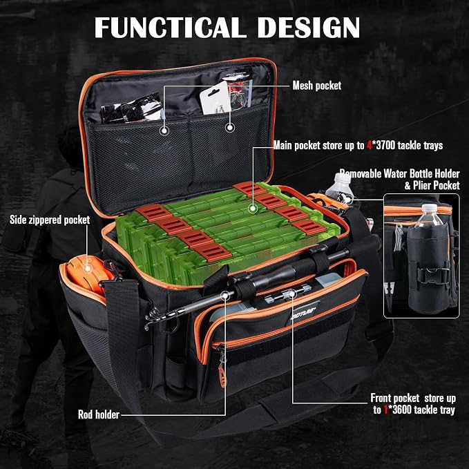 Goture Fishing Tackle Bag with 4PCS 3600 Tackle Boxes | 600D Water-Resistant, Rod Straps, Detachable Bottle Pouch,Waterproof Bottom, Freshwater & Saltwater Gear Storage Fishing Bag