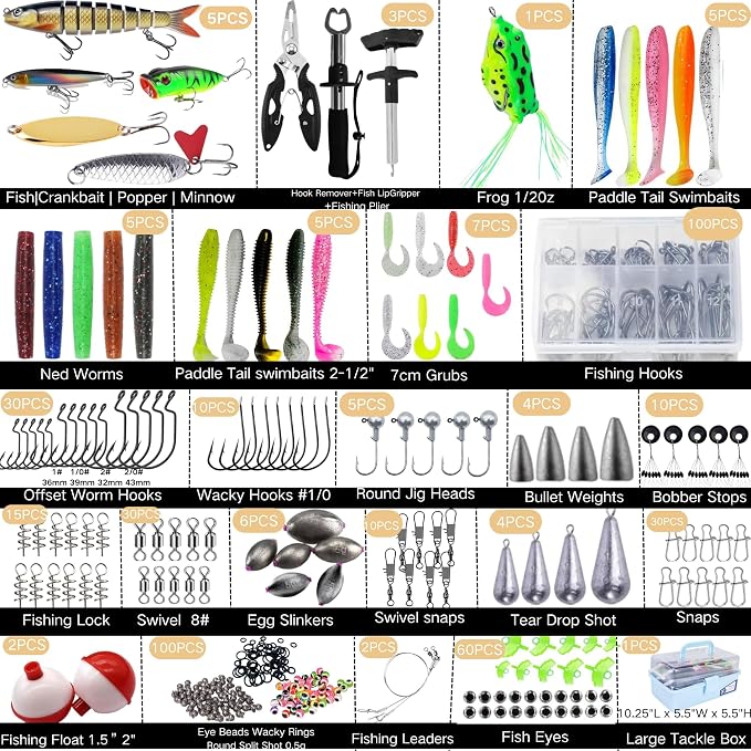 Large 3-Layer Fishing Tackle Box with Tackle Included,450 Pcs Fishing Lures Kit-Contains Pliers, Crankbait, Hooks,Lures,Weights & Accessories, Freshwater Bass Fishing Gear for Men