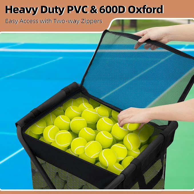 STORAGE MANIAC Foldable Tennis Ball Hopper Cart with Removable Ball Bag | Oxford & PVC Liner with Steel Frame, Holds 150 Balls, Portable Rolling Pickleball Training Cart, 20.7"L x 17.9"W x 35.8"H