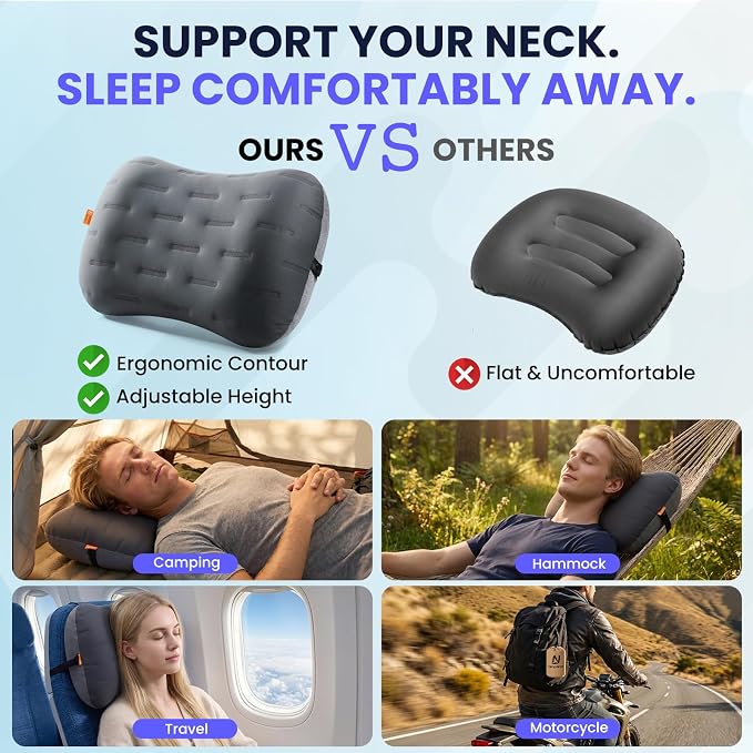 Inflatable Camping Pillow - Ultralight Compact Air Pillow for Travel, Backpacking & Hiking - Ergonomic Neck & Lumbar Support - Portable Inflatable Pillow with Removable Washable Cover - (Grey 2 Pack)