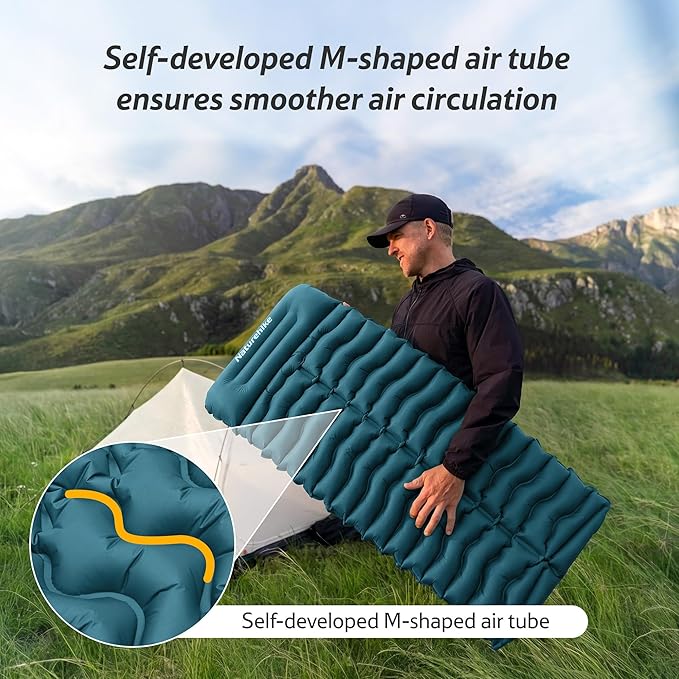Naturehike Double Camping Sleeping Pad, Ultralight Inflatable Sleeping Mat with Pillow, Built-in Foot Pump, 3.74 Inch Lightweight Air Mattress for Camping, Backpacking, Hiking, Traveling