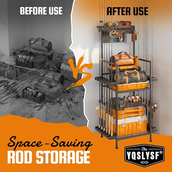 YQSLYSF Fishing Rod Holders for Garage with Pegboard & Metal Mesh Basket, Fishing Rod Storage Rack, Vertical Fishing Pole Holder for Up to 12 -24 Poles, Tackle Gear Organizer