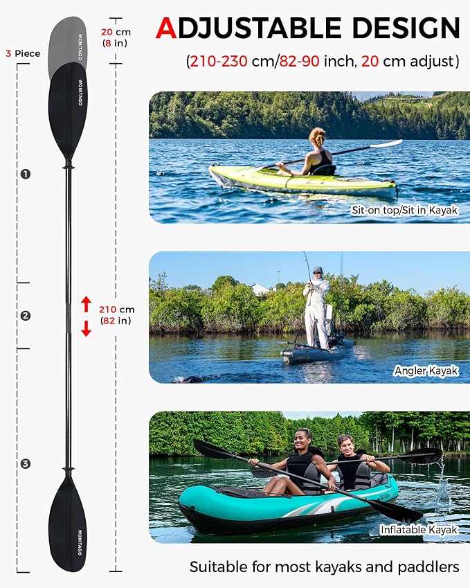 Kayak Paddle Carbon Fiber Shaft and Reinforced Nylon Blade, Adjustable Kayaking Oars, 3 Piece, 230-250 cm/90-98 Inches,210-230 cm/82-90 inches