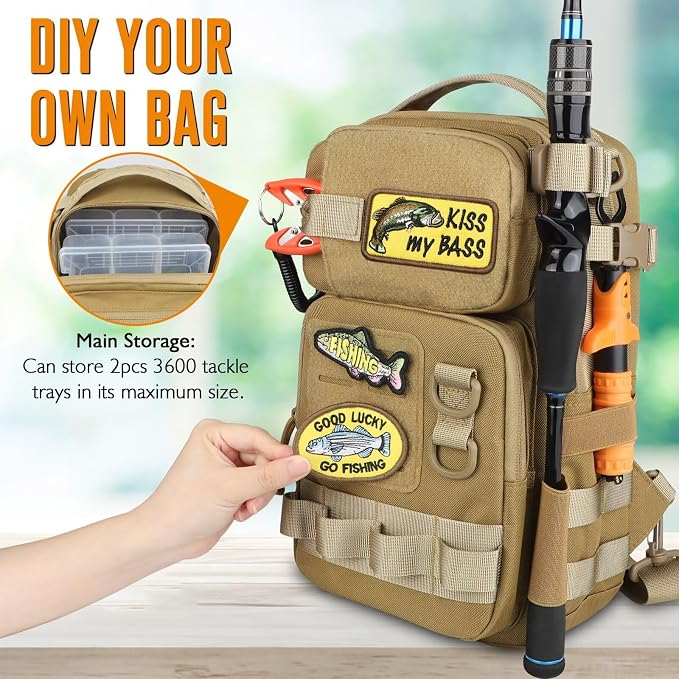 Dovesun Small Fishing Backpack Fishing Sling Bag with 3600 Tackle Box Small Tackle Backpack with Tool Set Khaki