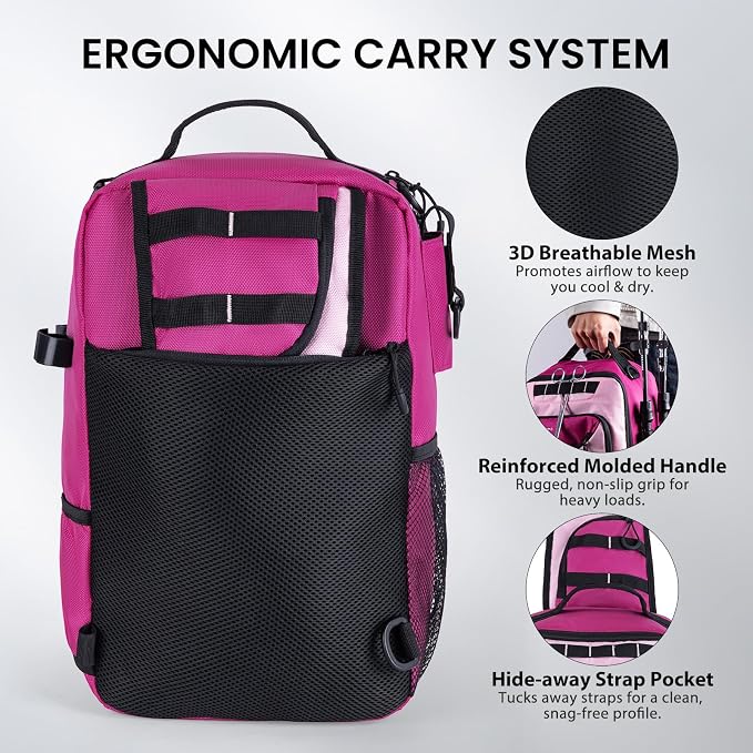 Goture Pink Fishing Tackle Bag, 1680D Water-Resistant Sling Fishing Backpack with Rod Holder, Anti-Slip Waist Strap, Trays not included, Fishing Gifts for Women Girls