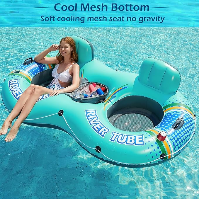 Jasonwell Heavy Duty 2 Person Inflatable River/Pool Tube Float with Removable Cooler, Tubes for Lake, Floating River Raft Lounge Floatie with 2 cup Holders For Adults, Cyan