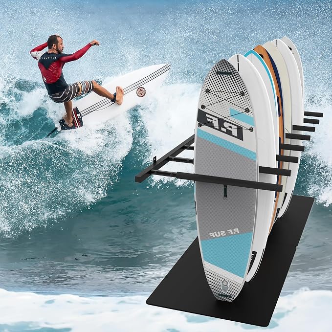 Surfboard Rack Wall Mount 6 Arms/8 Arms, Surfboard Rack for Wall with Rubber Mat, Vertical Paddle Board Storage Holds 6 Boards/8 Boards Storage Mount System at Home and Garage