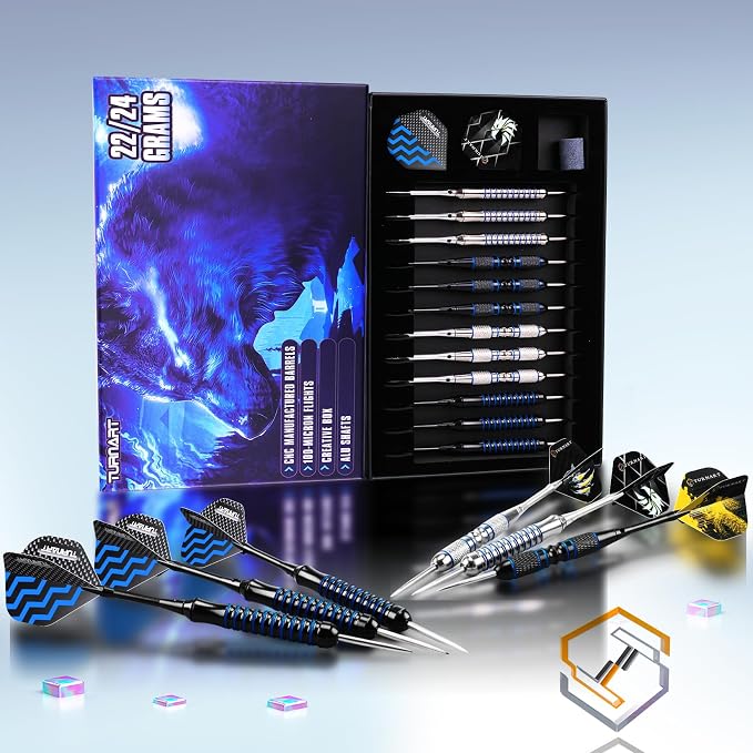 Turnart Darts Metal Tip Set - Steel Tip Darts Darts Set Professional Metal Darts 12 pcs 22/24 Grams Pro Dart Set with Stylish Case Aluminum Shafts Extra 9 Flights
