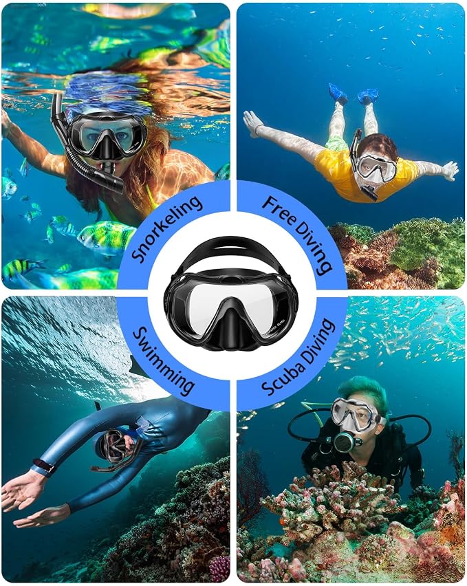 Snorkeling Gear for Adults, Adult Snorkel Set with Panoramic Anti-Leak and Anti-Fog Tempered Glass Snorkel Mask, Dry Top Snorkel, Snorkle Mask Set Adult with Mesh Bag Ear Plug for Snorkeling