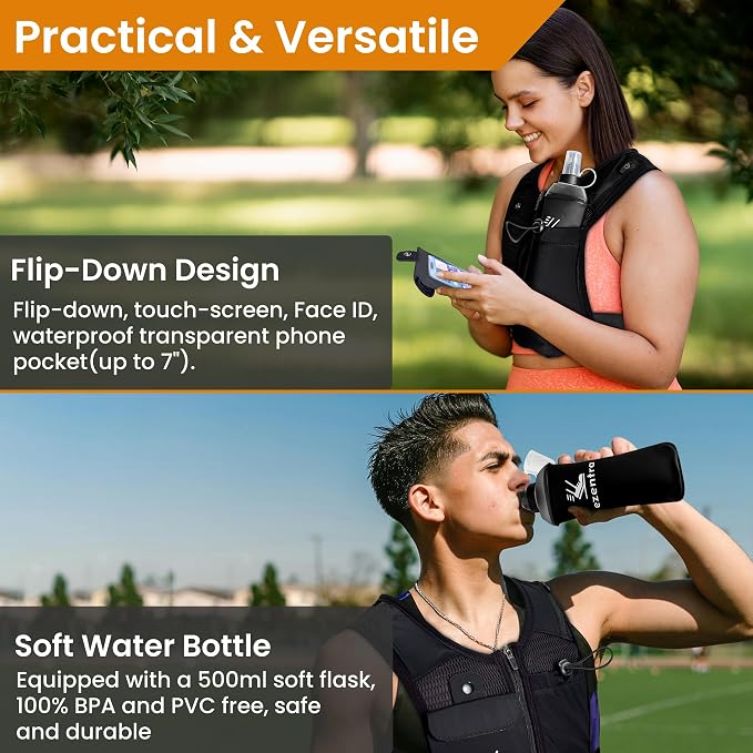 Running Vest Zip, Reflective Running Vests with 6 Pockets, 500ml Hydration Bottle, Adjustable Chest & Waistband, Breathable Material, Chest Pack Gear, Phone Holder, Men & Women