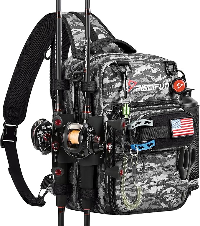 Piscifun Fishing Tackle Backpack, Convertible Sling or Waist Pack, 16-Pocket Storage Gear Bag with 2 Rod Holders & Rain Cover