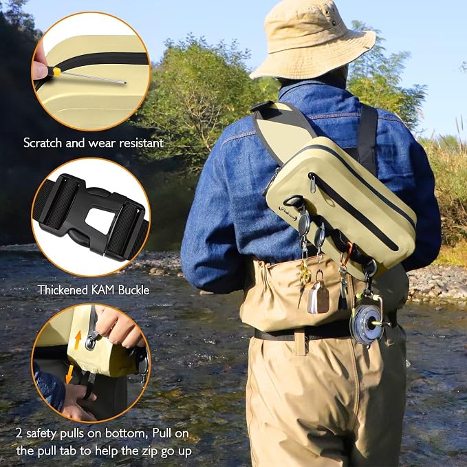 Dovesun Waterproof Fishing Fanny Pack for Men 3.3L Fly Fishing Bag Chest Pack with Airtight Zipper