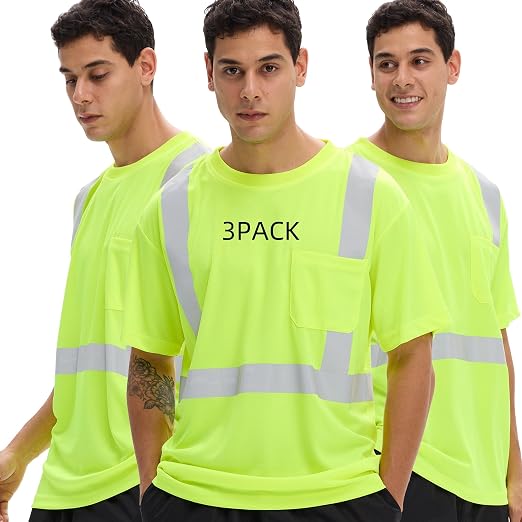 sesafety 3-Pack Men's High Visibility Safety T-Shirt, ANSI Class 2 Compliant, Birdseye Mesh Work Shirt with Pocket, Yellow