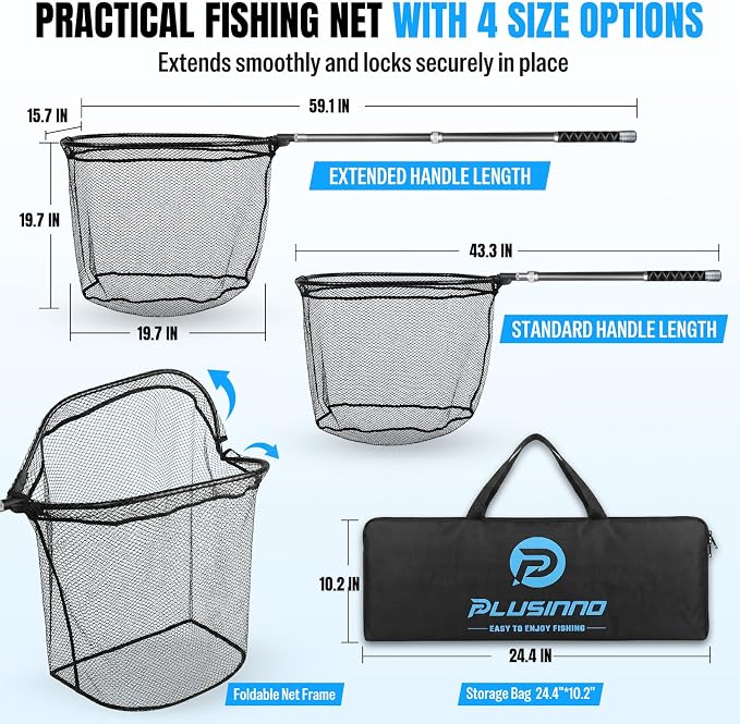 PLUSINNO Large Fishing Net, 3.4-7.7 FT Carbon Fiber Fish Net with Long Telescoping Handle, Kayak Fishing Gear Accessories Foldable Landing Net for Bass, Trout, Catfish, Fishing Gifts for Men Father