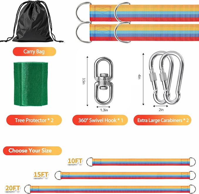 Safe Tree Swing Hanging Straps Kit, 3FT/10FT/15FT/20FT, Heavy Duty Holds 5500LBS Extra Long Adjustable Tree Swing Straps, Easy & Fast Way to Hang Any Swing or Hammock(15 FT)